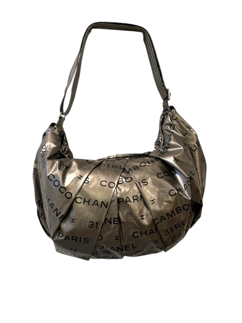 CHANEL Silver Metallic Logo Hobo Shoulder Bag